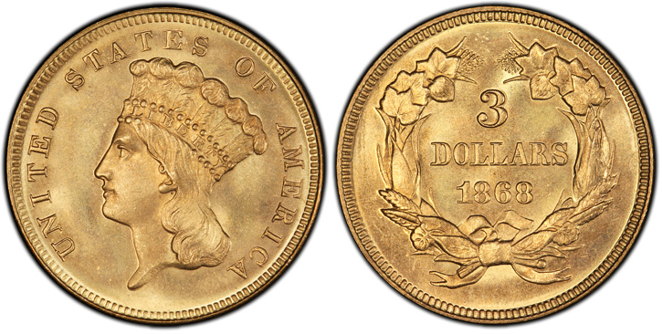 1868 Three-Dollar Gold Piece. MS-66 (PCGS).